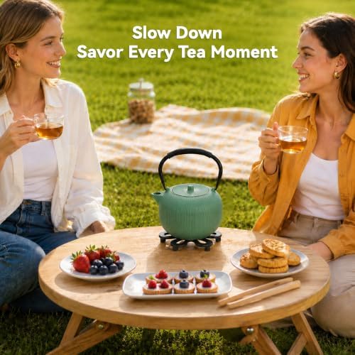 Cast Iron Teapot Set with 2 Cups, 34 oz (1000 ml) Japanese Tea Pot with Infuser for Loose Leaf Tea, Enamel Interior, Stovetop Compatible, Complete Tea Gift Set for Tea Lovers, Green - Image 4