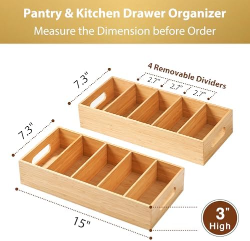 Umilife Large Bamboo Pantry Organizers and Storage Bins with Removable Dividers, Kitchen Drawer Cabinet Countertop Organization for Snack, Spice Packets, Teabags, Seasoning Pouches (2 Pack) - Image 6