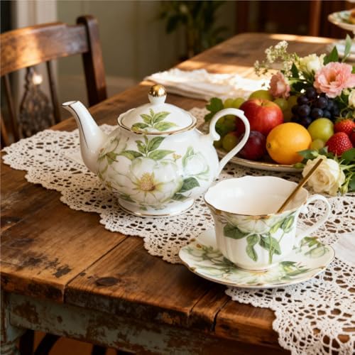 22oz Floral Ceramic Teapot (Suitable for 1 to 3 people) – Vintage Gold Rim Tea Pot for Loose Leaf, Blooming Tea & Coffee, Elegant Teapot for Tea Party, Flower Design (White Camellia) - Image 4