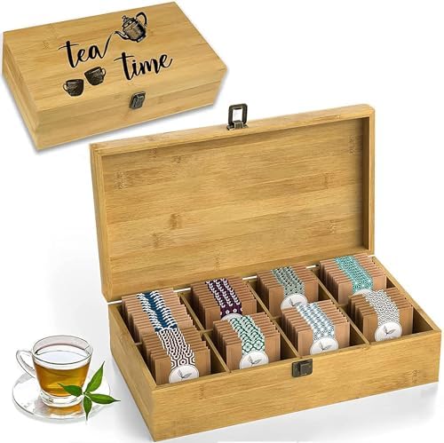 Bamboo Tea Organizer Box Chemical Free Eco-Friendly Big, Tall, Adjustable Cubbies Natural Wooden Storage Chest (8-Slot 14.3" x 8.1" x 4.2" with Tea Time Pot & Cups) by ZenEarthInspired