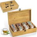 Bamboo Tea Organizer Box Chemical Free Eco-Friendly Big, Tall, Adjustable Cubbies Natural Wooden Storage Chest (8-Slot 14.3" x 8.1" x 4.2" with Tea Time Pot & Cups) by ZenEarthInspired