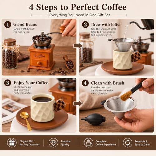 Manual Coffee Grinder Gift Set with Pour Over Filter, Mug, Brush & Gift Box - Image 4
