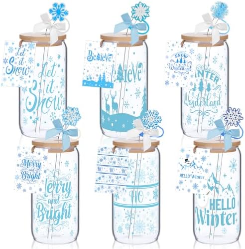 Vesici 6 Set Christmas Glasses Cups 16 oz Winter Drink Cup with Lid Straw and Stopper Can Shaped Beer Tumbler Xmas Appreciation Gifts with Cards and Bow for Women Birthday Party Favor(Wonderland) by Vesici