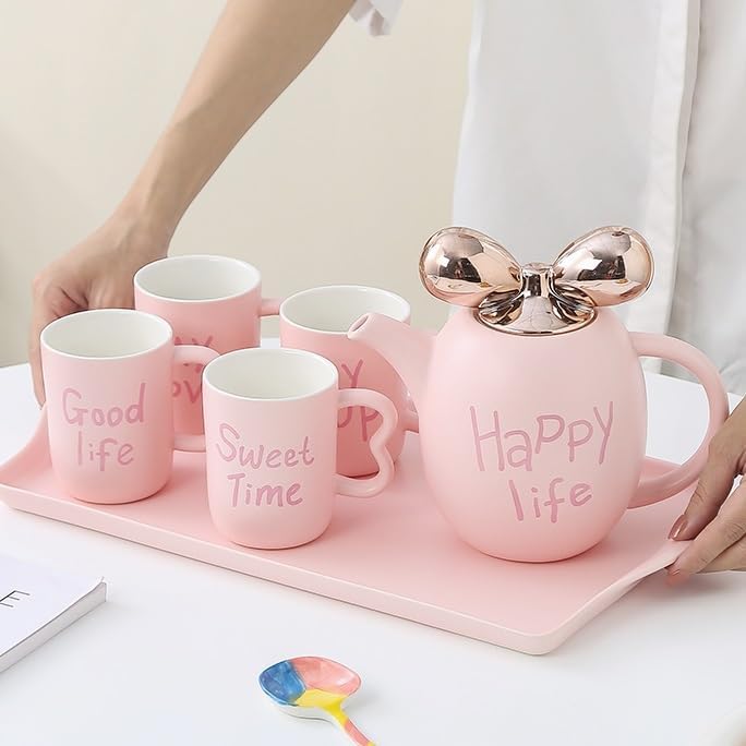 Water Pitcher Ceramic Water Set Tea Set Living Room Water Cup Coffee Cup Home Cup Set new Elegant Tea Set Water Jug(Pink) - Image 3