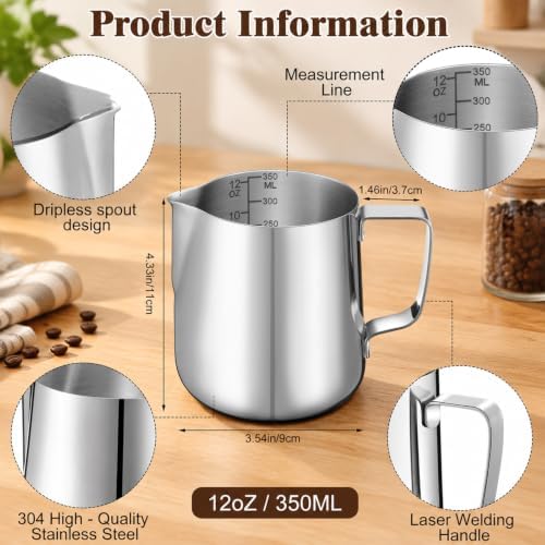 Honeydak 6 Pcs Milk Frothing Pitcher 304 Stainless Steel, 12oz, Silver - Image 3