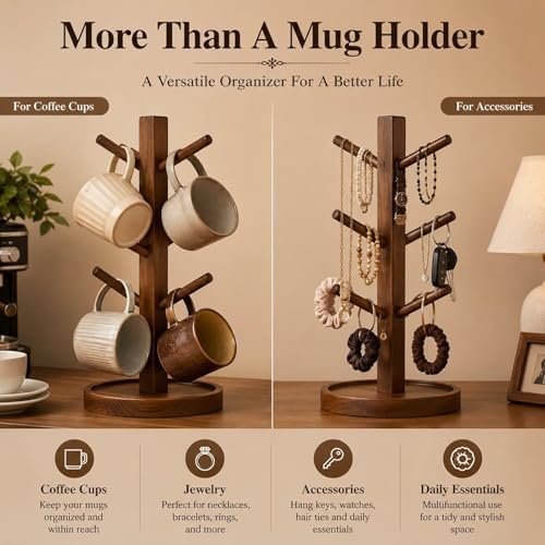 Sturdy Bamboo Mug Tree with Drip Tray, 4 Arm Rotating Cup Holder for Espresso & Cappuccino Cups, Compact Organizer for Home or Office, 11in - Image 5