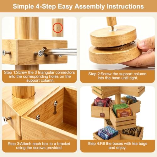 3-Tier Rotating Bamboo Tea Bag Organizer Carousel, Holds 108 Tea Bags - Image 6