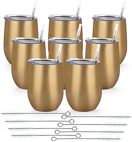 Lifecapido 8 Pack 12oz Stainless Steel Wine Tumblers, Insulated Wine Tumbler, Double Wall Insulated Wine Glass, Stainless Steel Stemless Wine Cups with Lids for Coffee, Wine, Champaign, Gold by Lifecapido