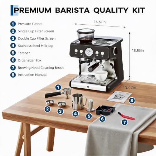 20 Bar Espresso Coffee Machine with Built-in Bean Grinder, 1400W 360° Steam Wand Latte Cappuccino Maker, 30 Grind Levels, Pressure Gauge, Self-Cleaning Stainless Steel Espresso Maker for Home Barista - Image 4