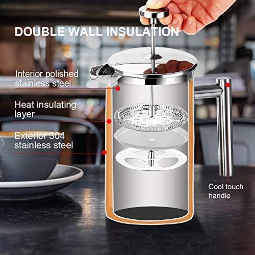 Secura Bundle Stainless Steel French Press Coffee Maker with 6 Replacement Screens, 34 Ounces, Silver - Image 3
