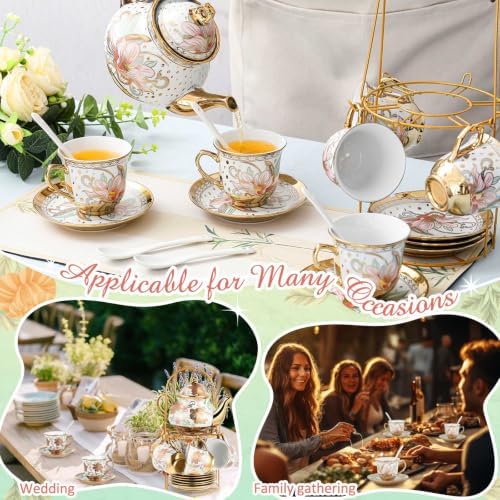 Zhehao 40 Pcs Porcelain Tea Set for Adult, with Metal Holder, Vibrant - Image 5