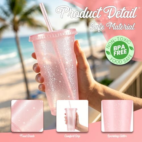 36 Pcs Pink Tumblers with Straw & Lid - 24oz Coffee Cups - Image 3