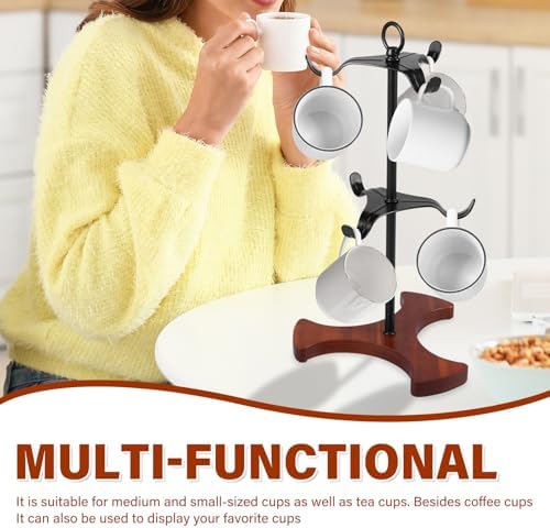 Coffee Mug Tree with 6 Hooks Wood Base Mug Holder Tree Space Saving Tea Cup Holder Rack for Home Countertop(black) - Image 7