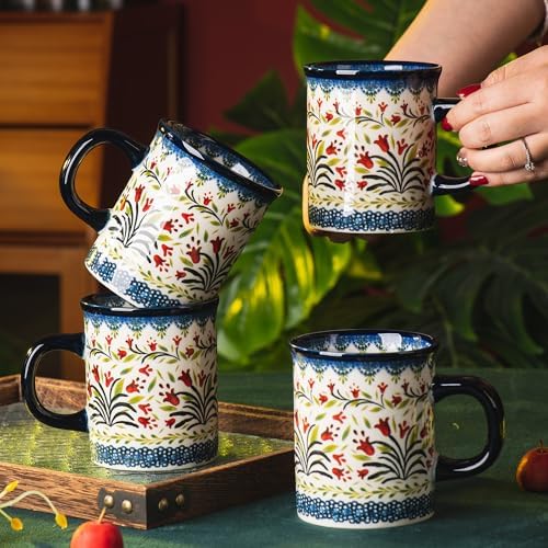 Ceramic Latte Mug Set of 4, 15.5oz Hand Painted Porcelain Coffee Cups With Big Handle - Modern,Retro Design For Any Kitchen. Microwave and Dishwasher Safe (The tulip) - Image 3