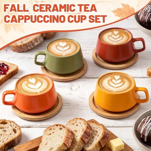 Rtteri 4 Pack 11 oz Fall Ceramic Coffee Cups Set with Saucer Bamboo Coasters, Autumn Tea Mug, Wide Cappuccino Latte Mugs with Handle for Hot Chocolate Americano Espresso - Image 4