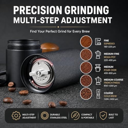 Manual Coffee Grinder - Stainless Steel Burrs, Adjustable Grind Settings, Portable Hand Crank for Espresso, Drip, French Press - Compact, Durable, Ideal for Home & Travel (Black) - Image 3