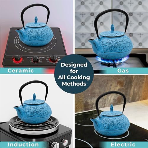 Zen Minded Traditional Japanese Cast Iron Tetsubin Stovetop Teakettle Teapot with Stainless-steel Mesh Loose-leaf Filter for Green Tea & Infusions 800ml Pine Pattern - Blue - Image 5