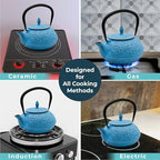 Zen Minded Traditional Japanese Cast Iron Tetsubin Stovetop Teakettle Teapot with Stainless-steel Mesh Loose-leaf Filter for Green Tea & Infusions 800ml Pine Pattern - Blue - Image 5