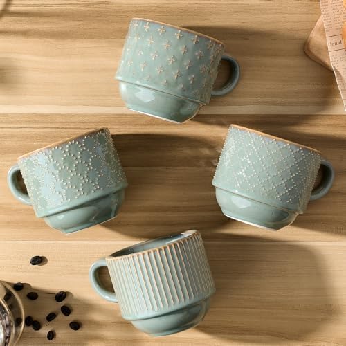 JIEMEI HOME Large Ceramic Coffee Mug Set of 4 with Stand, 15 Oz Stackable Embossment Ribbed Latte Cup Set for Cappuccino, Latte, Tea, Hot Cocoa, Drinks - Dishwasher & Microwave Safe, Vintage Turquoise - Image 6