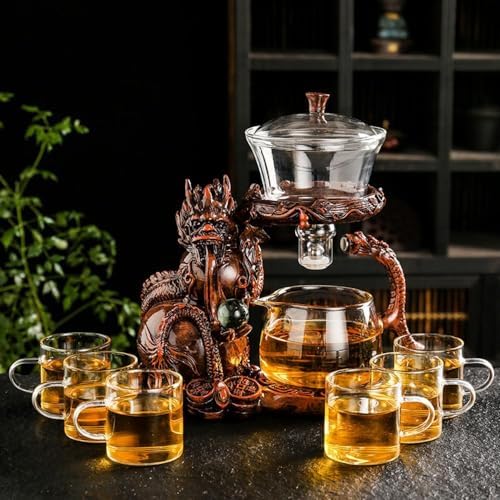 Glass Teapot Set with Infuser Semi Automatic Dragon Tea Set with 6 Small Cups (red dragon) by zurucily
