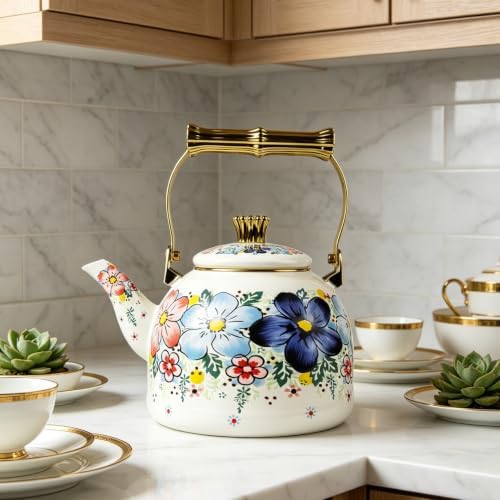 Vintage Tea Kettle Enamel Blue Floral Stovetop Teapot 2.5L Kitchen Decor - Image 2