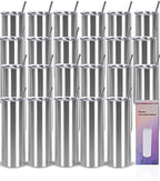24 Pack 20 Oz Stainless Steel Straight Tumblers, Insulated Slim Skinny Travel Cup Set, BPA-Free Lids and Straws Included, Silver by Wzaytia