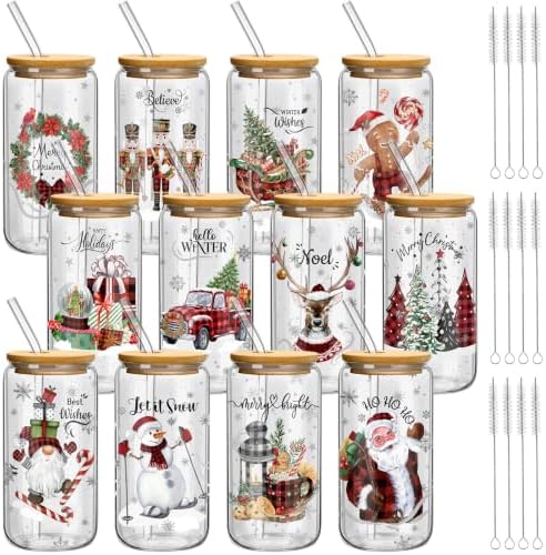 Teenyyou 12 Sets of Christmas Glasses Cups with Bamboo Lid and Glass Straw 16 oz Red and Black Plaid Christmas Glass Jar Drinking Cups Wreath Santa Coffee Cup for Women Men Xmas Holiday Party Gifts by Teenyyou
