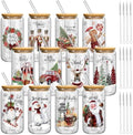 Teenyyou 12 Sets of Christmas Glasses Cups with Bamboo Lid and Glass Straw 16 oz Red and Black Plaid Christmas Glass Jar Drinking Cups Wreath Santa Coffee Cup for Women Men Xmas Holiday Party Gifts by Teenyyou