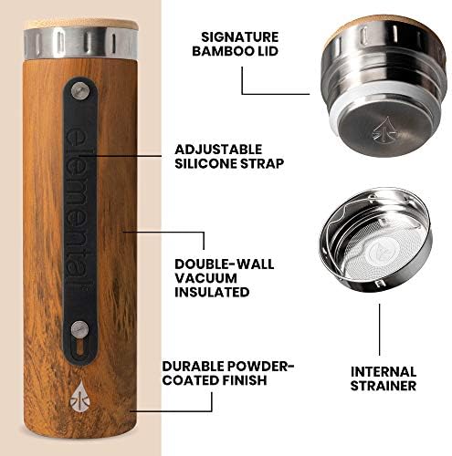 Elemental Iconic Stainless Steel Water Bottle Infuser, 20oz Triple Wall Vacuum Insulated Water Bottle, Reusable Fruit & Tea Infuser Thermal Bottle with Internal Strainer and Bamboo Lid - Teak Wood - Image 3