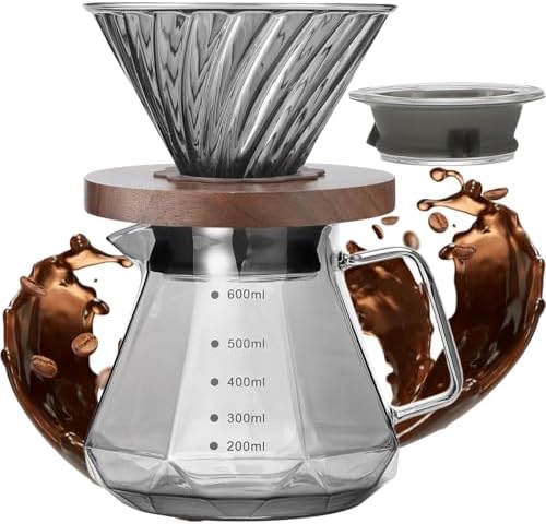 Hand Brewed Glass Coffee Pot with Cover, 400ml / 600ml Glass Pour Over Coffee Maker, Glass Pour Over Coffee Maker with Coffee Dripper for Home, Office (600ml) by Unknown