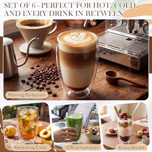 6 Pack 16oz Double Walled Glass Coffee Mugs, 450ml Large Borosilicate Insulated Clear Glass Cups for Latte Cappuccino Espresso Tea Matcha Hot or Cold Drinks - Image 4
