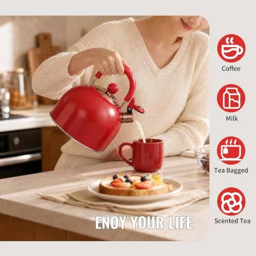 V&L 2.6 Qt Red Whistling Tea Kettle for Stovetop - Image 7