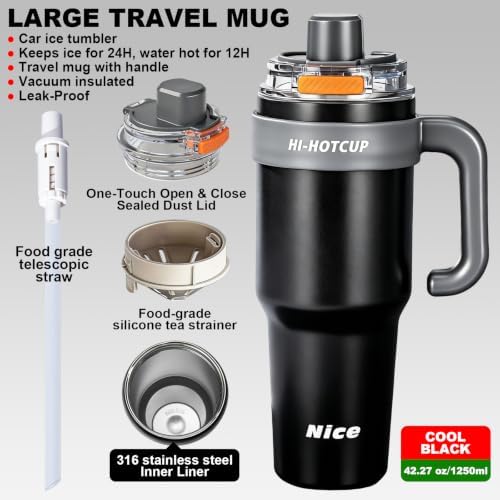 HI-Hotcup-42.58oz Insulated Stainless Steel Travel Mug with Handle, 316/Ceramic Liner Vacuum Tumbler, Leak-Proof Hot Cold Coffee Cup with Straw & Tea Infuser for Car, Outdoor-04 - Image 3