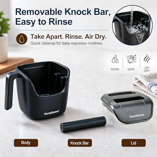 Ourokhome Espresso Knock Box with Lid, Compact Coffee Grounds Container for Home Coffee Bar, Removable Knock Bar, 304 Stainless Steel Exterior, Non-Slip Base & Handle, Easy Clean (Black) - Image 5
