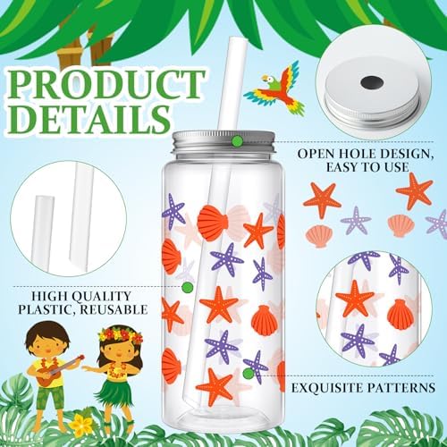 Skylety 30 Pcs Hawaiian Luau Cups 13. 5 oz Summer Tropical Plastic Cups with Lids and Straws Reusable Cute Plastic Tumbler for Hawaii Beach Sea Summer Birthday Party Drinkware Supplies - Image 3