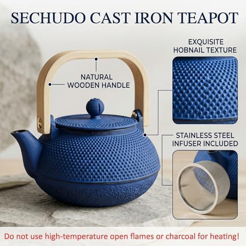 30.4oz Small Tea Kettle, Blue Cast Iron Teapot with Infuser - Image 3