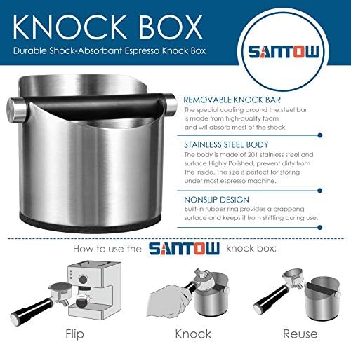 Large Size Coffee Knock Box, SANTOW Stainless Steel Construction Black Espresso Knock Box with Removable Knock Bar and Non-Slip Base (Silver) - Image 4