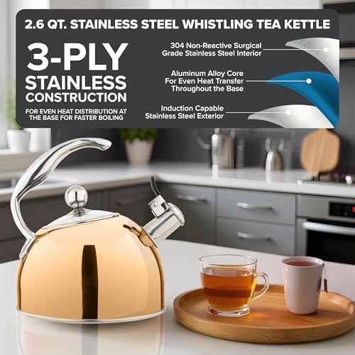 Viking 3-Ply Stainless Steel Tea Kettle, 2.6 Quart Stovetop Hot Water Pot with Tempered Glass Lid, Ergonomic Handle, Induction Ready, Rose Gold - Image 2