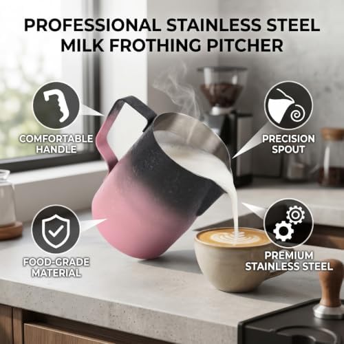 Coffee Milk Frothing Pitcher with Spout, 450ML Stainless Steel Espresso Steaming Pitcher, Milk Frother Steamer Cup Frothing Creamer Jug for Cappuccino Latte Art Coffee Machine (Gradient Pink) - Image 2