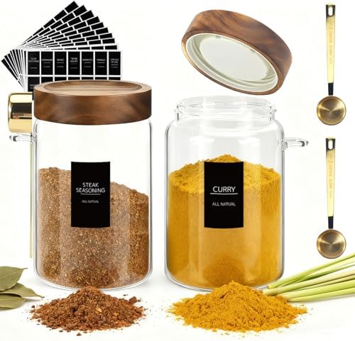 30oz/900ml Airtight Glass Storage Jar with Lids Spoons Labels Set of 2,Coffee Ground Canister Sugar Container for Coffee Beans Sugar Candy Spice Seasoning Tea(900ml/30oz-2Pack) by Foyofly