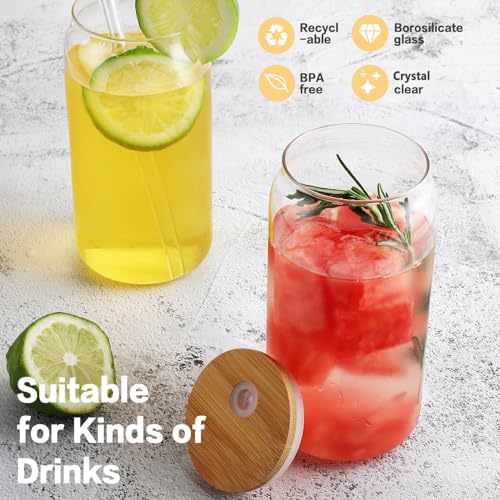 HOMBERKING Glass Cups with Bamboo Lids and Straws 12pcs Set, 20oz Can Shaped Glass Cups, Beer Glasses, Iced Coffee Cup, Cute Tumbler Cup with Cleaning Brushes, Ideal for Cocktail, Whiskey, Tea - Image 6