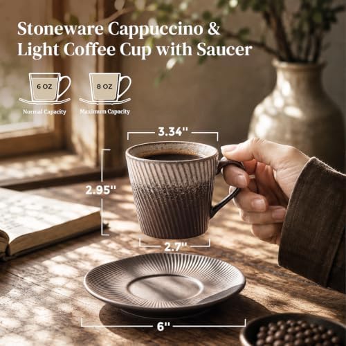DOWAN 6 oz Espresso Cups with Saucers Set, Porcelain Cappuccino Coffee Cups for Latte, Mocha & Tea, Elegant Ceramic Coffee Cup Set for Home Cafe, Coffee Bar Accessories & Gifts - Image 3