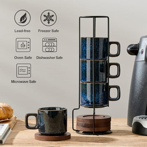 LUKA Porcelain Stackable Espresso Cups with Saucers and Metal Stand, 4 Ounce Small Ceramic Demitasse Cups Set for Latte, Specialty Coffee Drinks, Cafe Mocha,Tea - Set of 4, Reactive Blue - Image 5