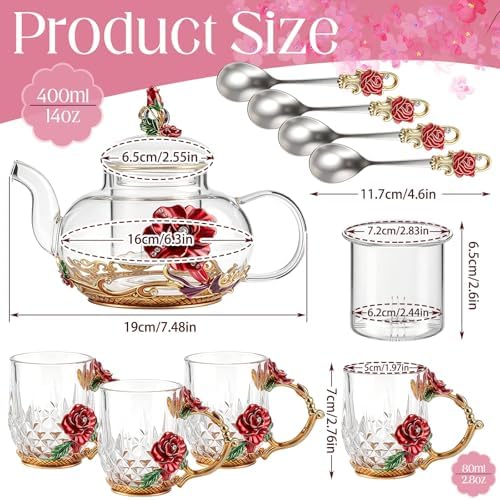 Maxdot 5 Pcs Floral Glass Tea Set, 14 oz Rose Teapot with Infuser - Image 3