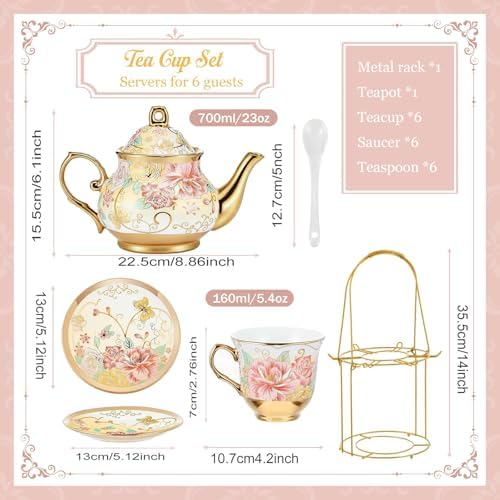 20 Pcs Porcelain Tea Set with Metal Holder, European Ceramic Tea Set for Adults, Antique Enamel Tea Cup Saucer Set for Party, Coffee Tea Gift Sets with Pink Flower Painting (Pink Enamel) - Image 3
