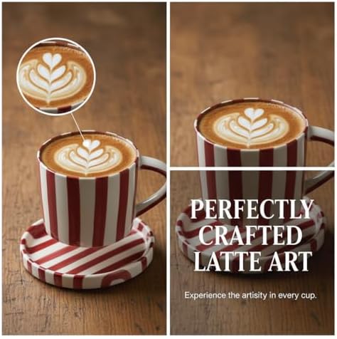 Festive Red and White Striped Ceramic Coffee Mug and Saucer Set, 200ml Latte & Tea Cup Gift for Holidays (Black) - Image 7