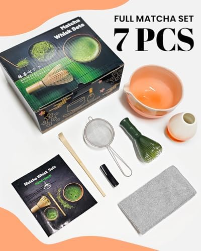 7 Piece Matcha Set, Green Resin Matcha Whisk, Macha Tea Set with Matcha Spoon, Whisk Holder, Matcha Brush, Shovel, Strainer, Matcha Accessories Japanese Tea Ceremony, Petal Pink - Image 2