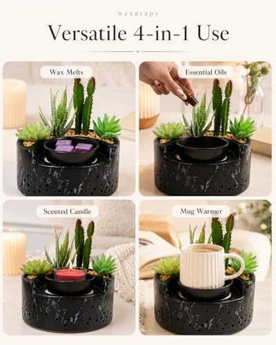 Ceramic Wax Melt Candle Warmer 4-in-1, Flameless PTC Heating with 7-Color LED Night Light, Electric Essential Oil Diffuser, Zen Design Marble Succulent Pot, for Yoga Room Home Office Decor - Image 3