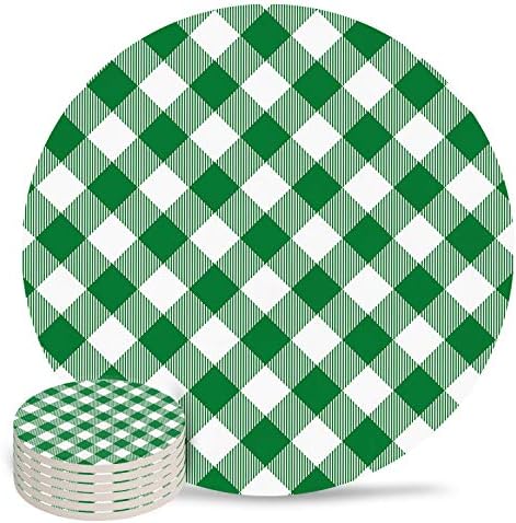Coasters for Drinks Set of 6, Pastoral Style Deep Green Lattice Ceramic Cup Mat, Absorbent Ceramic Stone Coasters with Cork Base for Coffee, Cups, Wooden Table, Home Decor 4 Inch by Daleng