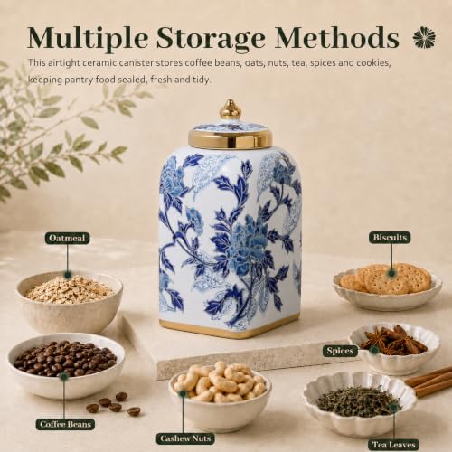 12.5" H Ceramic Kitchen Canisters for Countertop, Tea & Coffee Bean Storage Canister with Airtight Lid, Blue and White Chinoiserie Decor Ginger Jar for Home Decor, 155 fl oz - Blue Peony - Image 4